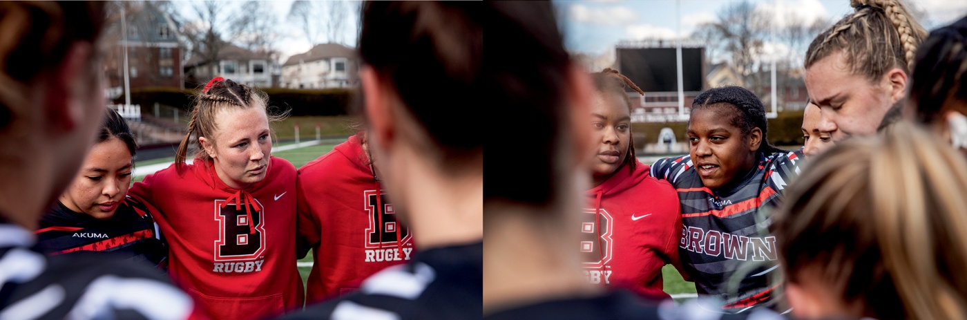photo diptych of rugby players huddled in practice
